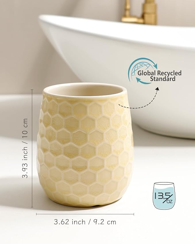 Toothbrush Holder, Tooth Brush Holder for Bathroom - Ceramic Toothbrush Cup Toothbrush Holders Countertop, Ice Cracks Yellow Makeup Brush Holder Pen Holder, 3.62" x 3.62" x 3.93", ANTIS'S HOME