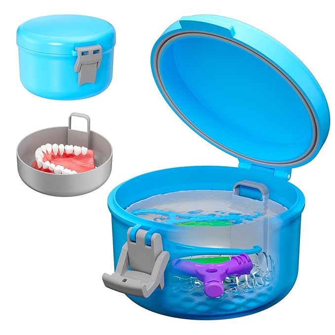 Denture Bath Case, Leak Proof Denture Cup for Travel, False Teeth Container for Soaking Dentures & Retainer, Retainer Cleaner Case, Sky Blue + Silver Gray.