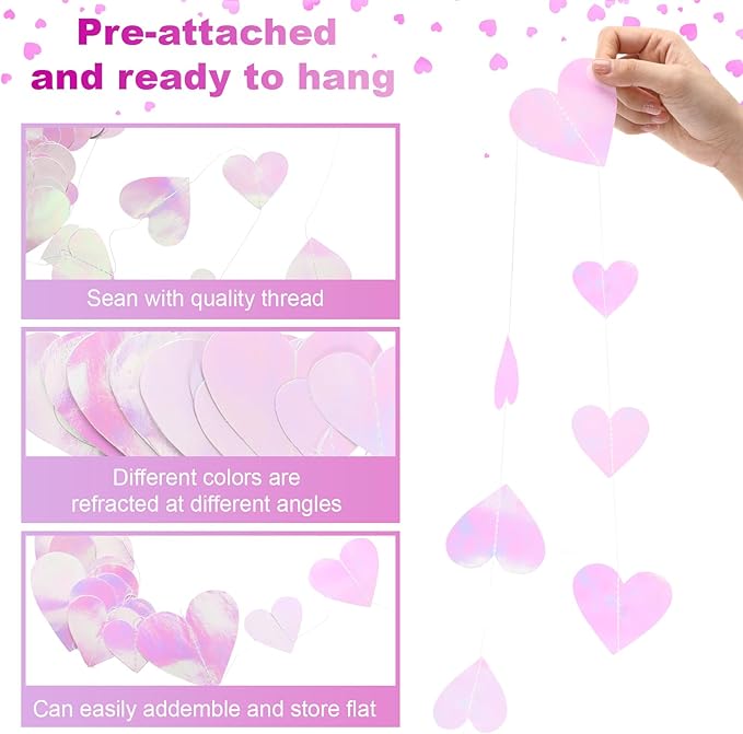 10 Pack 130ft Pink Holographic Heart Party Garland Asymmetrical Love Hanging Banners for Mothers Day Baby Shower Engagement Wedding Bridal Shower Decoration