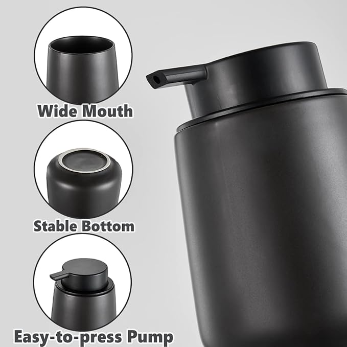 Matte Black Bathroom Accessory Set - 3pcs Ceramic Soap Dispenser Set Vanity Countertop Accessories Set, Includes Refillable Lotion Hand Soap Dispenser, Toothbrush Holder and Tray (Liquid Pump)
