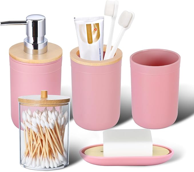 iMucci Bathroom Accessories Set 5Piece Pink Bathroom Sets, Toothbrush Holder, Toothbrush Cup, Lotion Soap Dispenser, Soap Dish and Qtip Holder Bathroom Decor