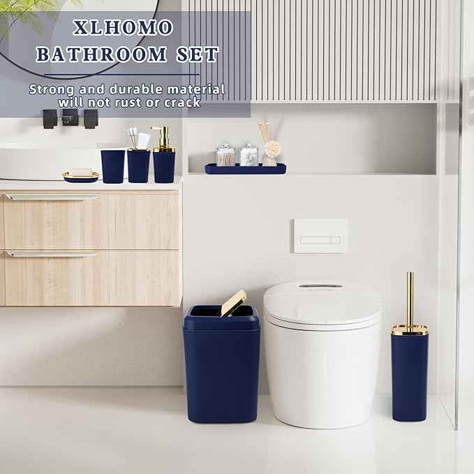 Navy Blue Bathroom Accessories Set, Blue and Gold Bathroom Accessories with Trash Can, Soap Dispenser, Soap Dish, Toothbrush Holder and Q-tip Holders