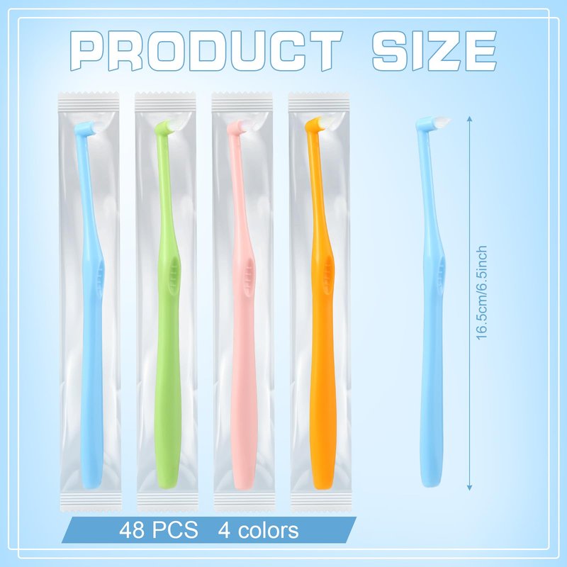 Qinyoung 48 Pcs End Tuft Toothbrush Individually Wrapped Small Head Toothbrush Reusable Orthodontic Brushes for Back Teeth Wisdom Teeth Implants Detail Cleaning, Green Blue Pink and Orange