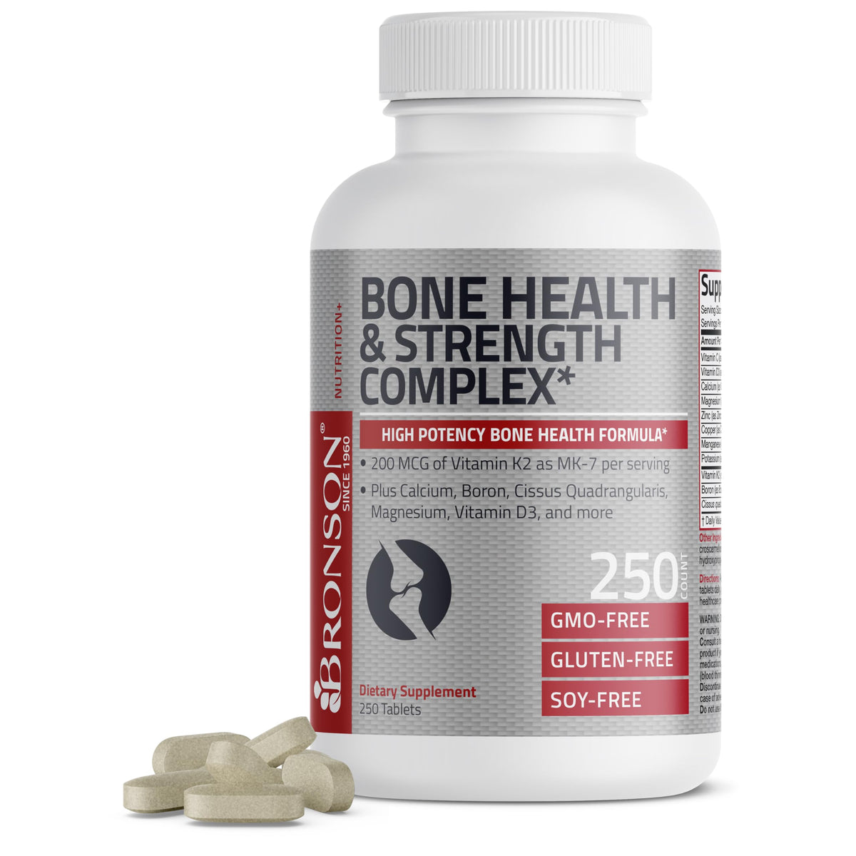 Bronson Bone Health & Strength Complex* High Potency Formula 200 MCG of Vitamin K2 as MK7, Plus Calcium, Boron, Cissus Quadrangularis, Magnesium, Vitamin D3, and More - Non-GMO, 250 Tablets