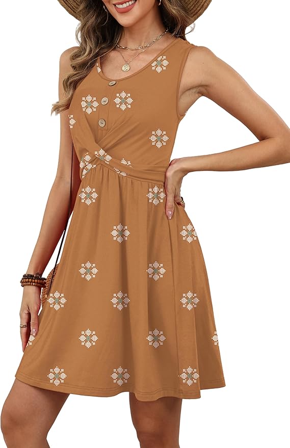 OFEEFAN Summer Dresses for Women Beach Fashion Sundresses Babydoll Dress Button Down Boho Dresses Cute Cross