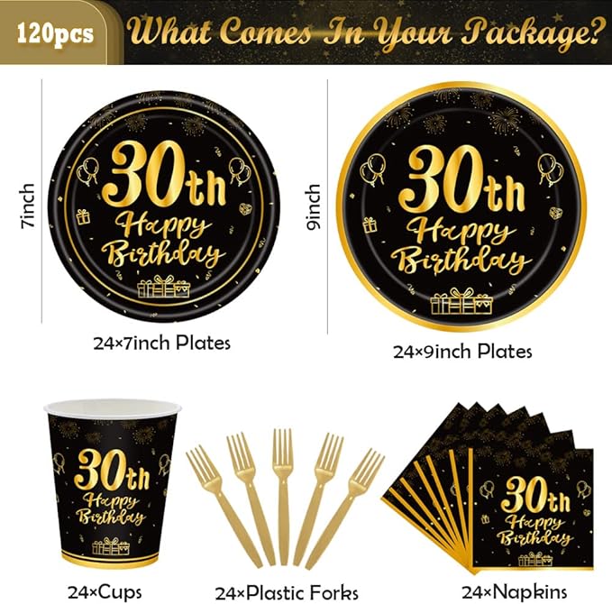 120Pcs 30th Birthday Party Supplies Plates Napkins Cups Forks Tableware Set Gold Black Happy 30th Birthday Themed Disposable Tableware Decoration Serves 24 Guests for Men Women 30 Years Old