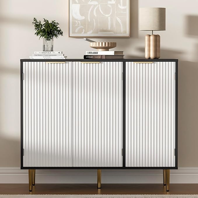 Fluted Buffet Sideboard with 3 Doors, Modern Accent Cabinet with Adjustable Shelves, Kitchen Storage Cabinet with Golden Handles, Coffee Bar for Kitchen, Black & White