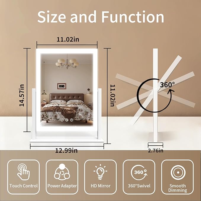 Vanity Mirror with Lights, Three Colors Lighting Mode, 360°Rotation, Lighted Makeup Mirror wih Stand for Desk, Bedroom, Dorm, 11x14.5 Inch