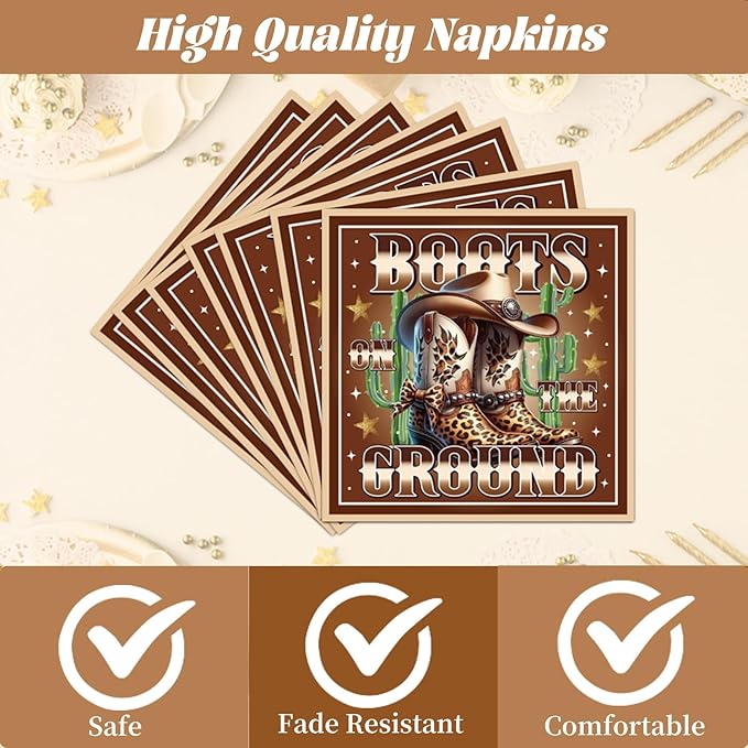 Rakuto Boots on the Ground Decorations, 96PCS Western Cowboy Party Brown Disposable Paper Plates and Napkins Decoration, Boots on the Ground Birthday Forks Table Decor Serve 24