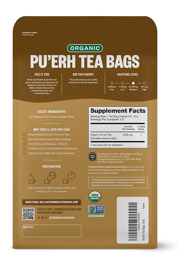 FGO Organic Pu'erh Tea, 100 Count, Eco-Conscious Black Tea Bags, Resealable Bag, Packaging May Vary (Pack of 1)