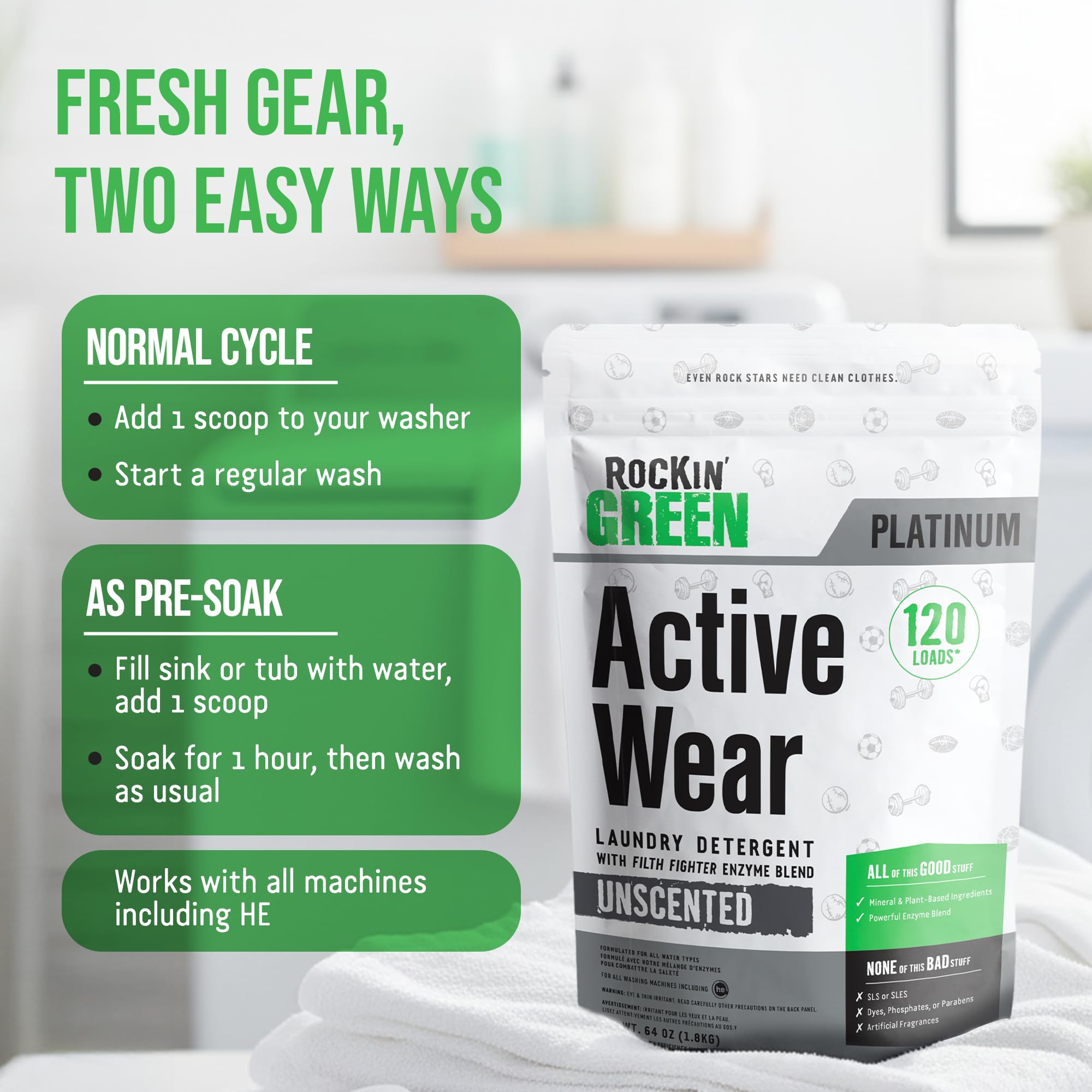 Rockin' Green Laundry Detergent, Plant based, All Natural Laundry Detergent Powder, Vegan and Biodegradable Odor Fighter, Safe for Sensitive Skin (Active Wear 120 Loads - Unscented)
