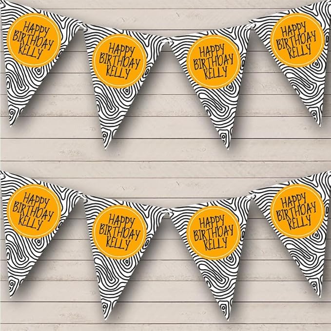 Happy Line Pattern Bright Orange Personalized Birthday Party Bunting - Hanging Party Decoration - Birthday Party Banner Garland | Decorative Party Supplies