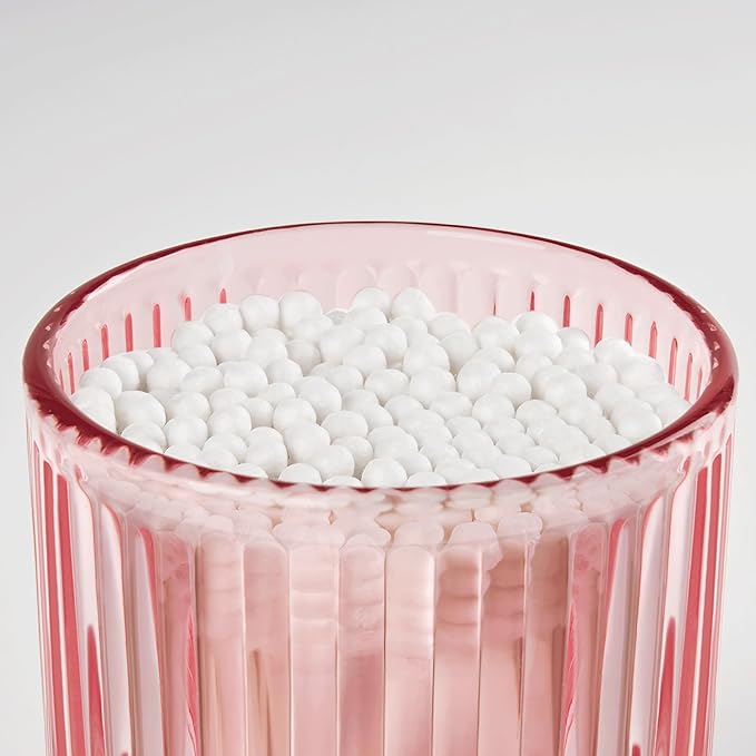 2 Pack Qtip Holders for Bathroom, Clear Glass Apothecary Jars with Lids,Vintage Bathroom Canisters for Cotton Balls,Swabs,Floss Picks,Hair Ties,Vanity Organizer and Storage Decor (Pink)