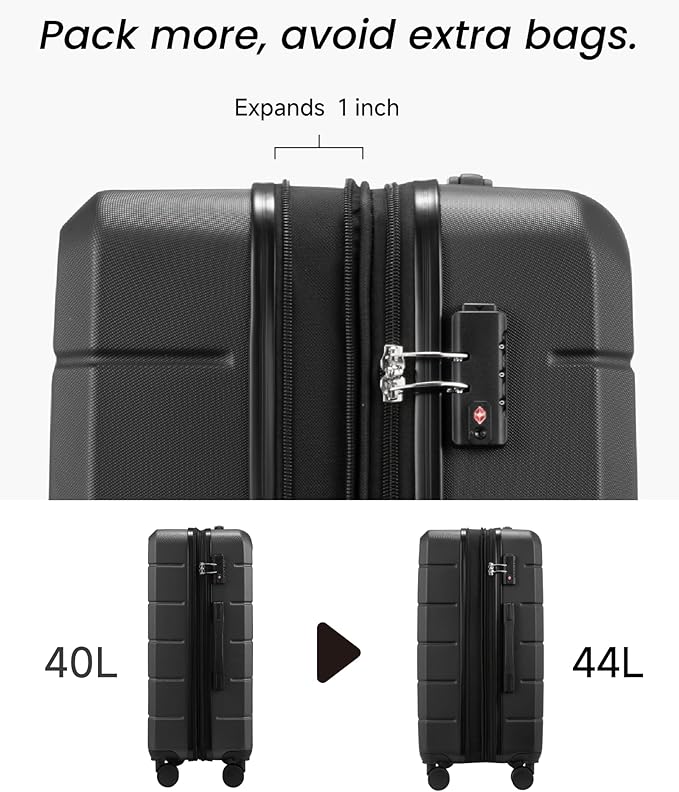 YOETEY Carry On Luggage 22x14x9 Airline Approved with Spinner Wheels, Expandable Hardside Suitcase, Black