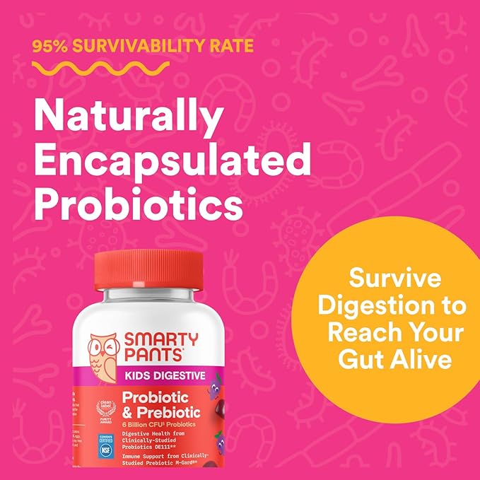 SmartyPants Kids Probiotic & Prebiotic Gummies for Digestive Health: Gut Health Supplement, Clinically Studied Prebiotic for Immune Support, Grape, 60 Count (30 Day Supply)