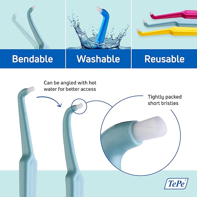 TEPE Compact Tuft Toothbrush, Tufted Brush End Orthodontic Toothbrush for Braces, Dental Implants, Denture Brush, Small Head, 1 Pk