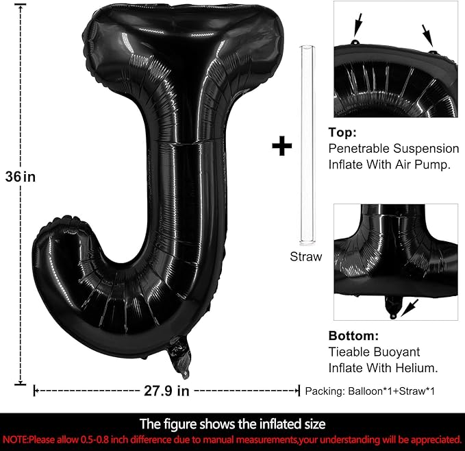 Lovoir 40 Inch Large Black Letter J Balloons Big Size Jumbo Mylar Foil Helium Balloon for Birthday Party Celebration Decorations Alphabet Black J