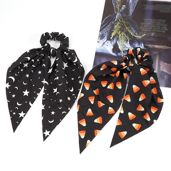 Halloween Hair Ties for Woman Girls Corn Candy Moon Star Hair Scrunchies Spooky Black Orange Elastic Ribbon Bow Hair Tie Halloween Party Supplies Hair Accessories 2PCS