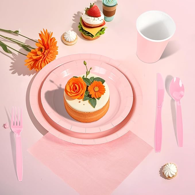 Ottin 169PCS Pink Party Supplies for 24 Guests – Disposable Paper Plates, Napkins, Cups, Forks, Knives, Spoons & Tablecloth for Birthday, Wedding, Halloween, Thanksgiving, Christmas, and New Year