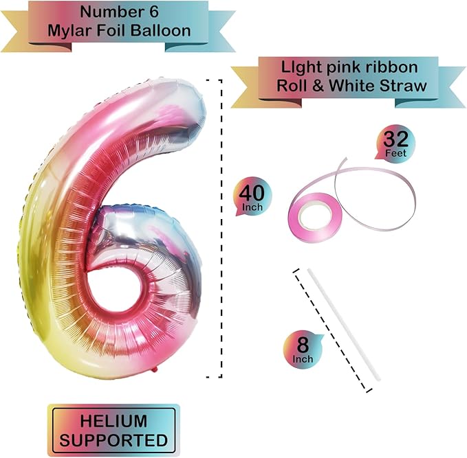 40 Inch Giant Rainbow Number 6 Balloons, Birthday Balloons, Helium Mylar Foil Big Number Balloons for Birthday Party Decorations, Kids' Birthday Anniversary Party Baby Shower Unicorn Parties