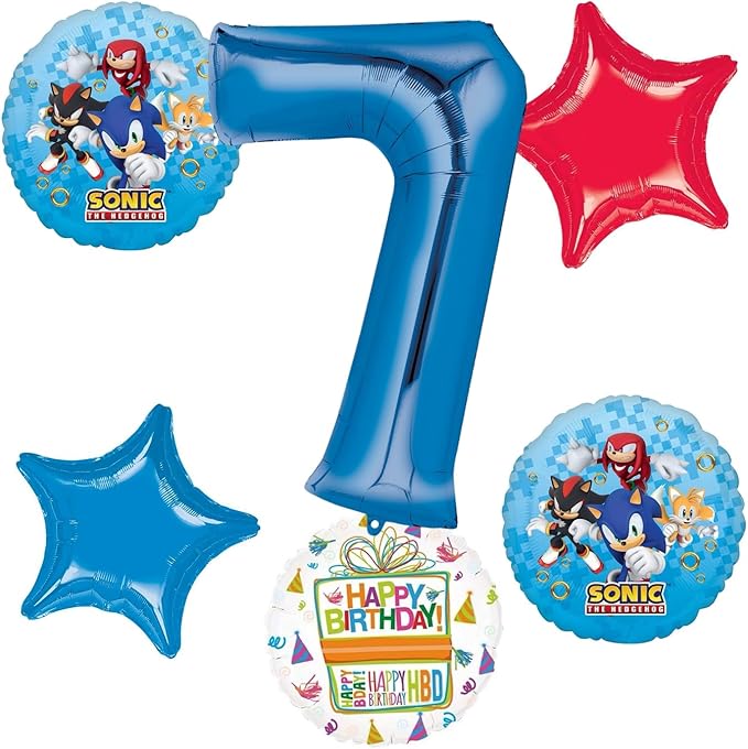 Anagram Sonic 7th Birthday Party Supplies Video Gamers Hedgehog Foil Balloon Bouquet Decorations 6pc
