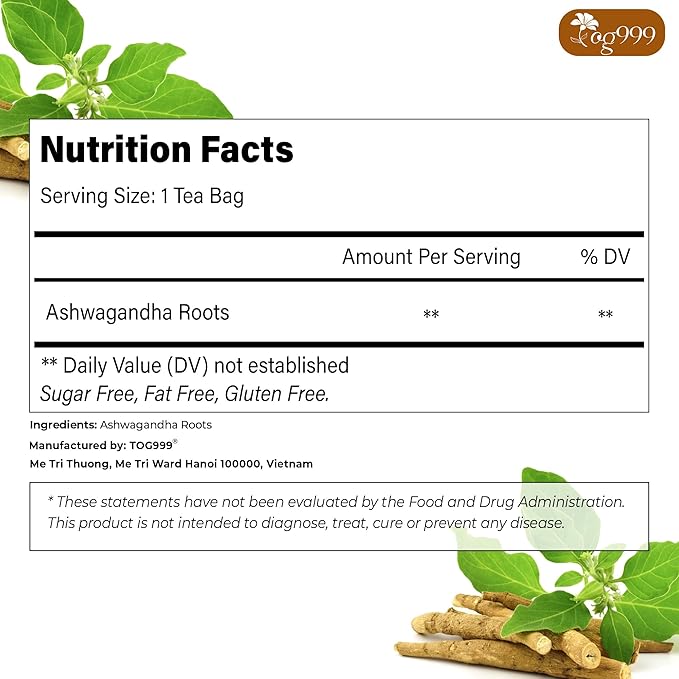 TOG999, Premium 60 Ashwagandha Root Tea Bags, 100% Natural & Pure, Ashwagandha Root Herbal Tea. No Sugar, No Caffeine, No Gluten, Vegan.