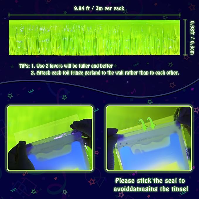 Mega-L Glow in The Dark Party Supplies, 4 Pack Foil Fringe Garland Birthday Party Decorations 9.8 ft Fluorescent Macaron Yellow Metallic Tinsel Streamers Banner, Glitter Photo Booth Prop Table Skirt