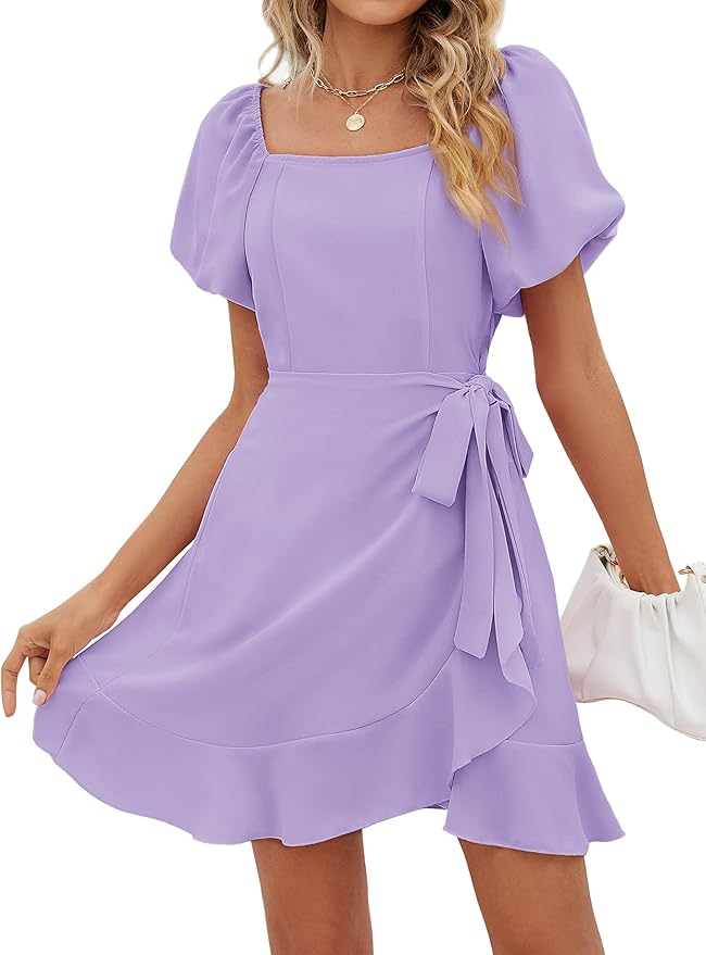 Sampeel Womens Summer Dresses Square Neck Puff Sleeve Tie Waist Short Dress