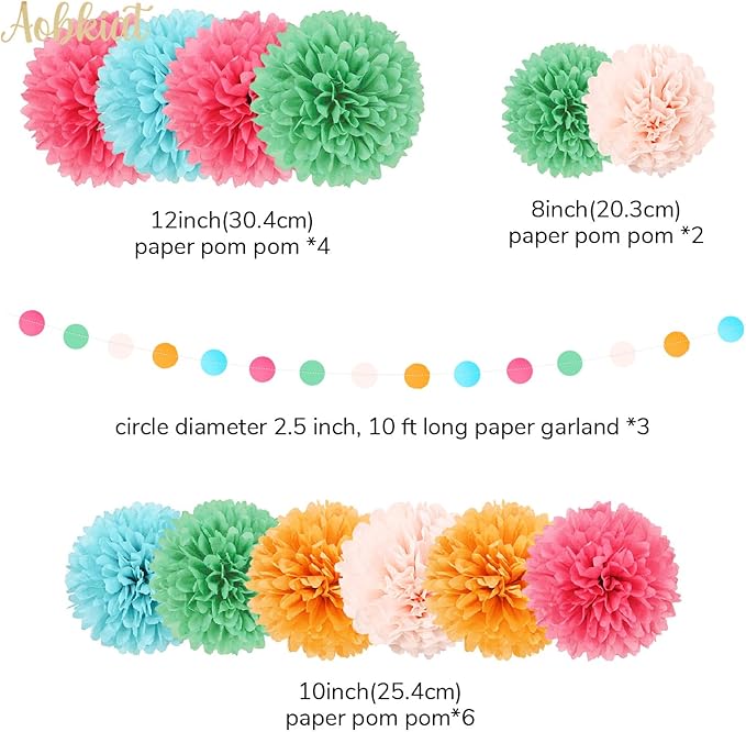 AOBKIAT Rainbow Birthday Decorations for Girls Women,15PCS Colorful Tissue Paper Pom Poms,Paper Garland String,for Candyland Theme Baby Shower Wedding Fiesta Party Hanging Backdrop
