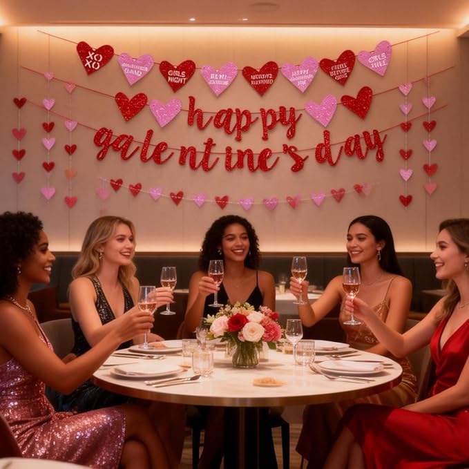 Deneo Happy Galentine's Day Banner, Red Glittery Galentine’s Day Decorations with Heart Garland Banner, Ladies Girls Happy Valentine’s Day Party Decorations Photo Prop