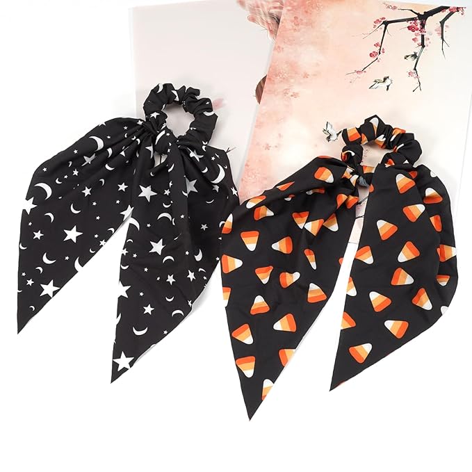 Halloween Hair Ties for Woman Girls Corn Candy Moon Star Hair Scrunchies Spooky Black Orange Elastic Ribbon Bow Hair Tie Halloween Party Supplies Hair Accessories 2PCS