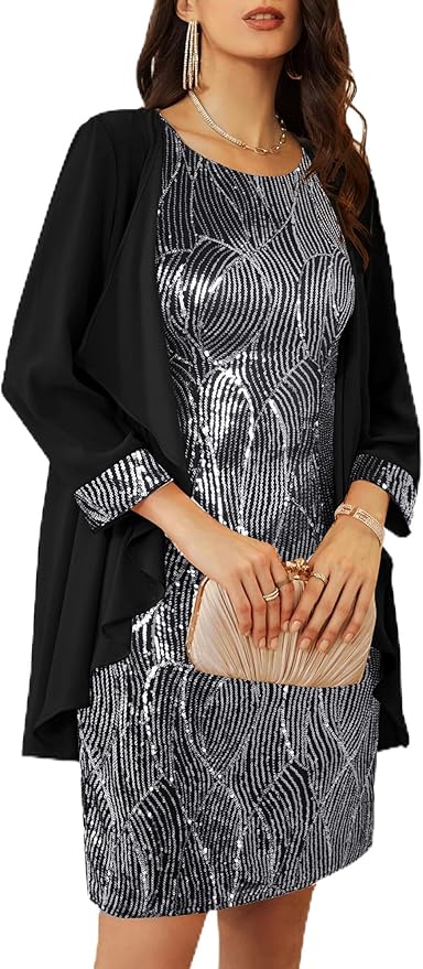 GRACE KARIN Women's Sequin Dress - Wedding Guest & Mother of The Bride Formal Dress - Two Piece Knee Length