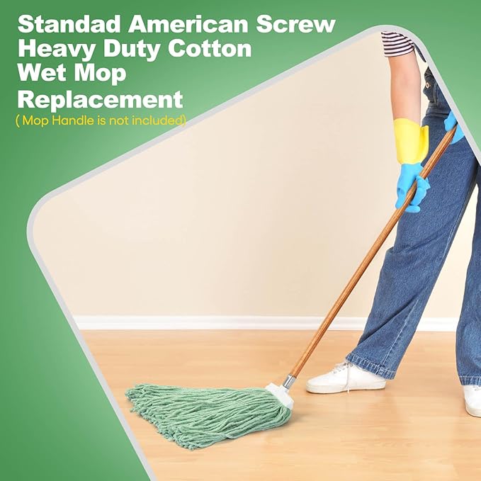 Matthew Cleaning Screw-on Heavy Duty Cotton Wet Mop Replacement Heads(Green, Large,6 Pack) with 2 Pack Microfiber Cloth for Residential & Commercial Floor Cleaning Use- Fit Standard American Screw