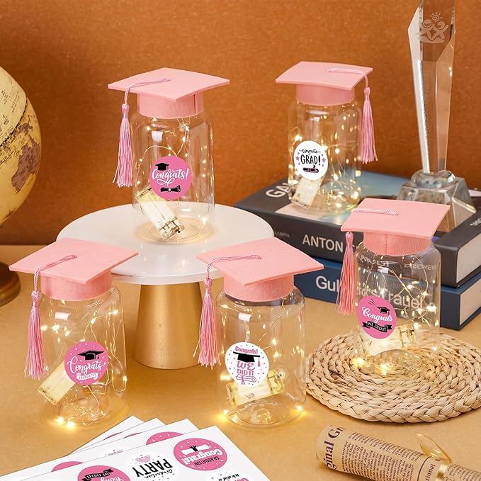 Boao 16 Sets Graduation Table Decoration Set with LED Light up Graduation Decorations for Class of 2026, Grad Jar, Felt Grad Hat and Stickers for High School College(Pink,Vivid)
