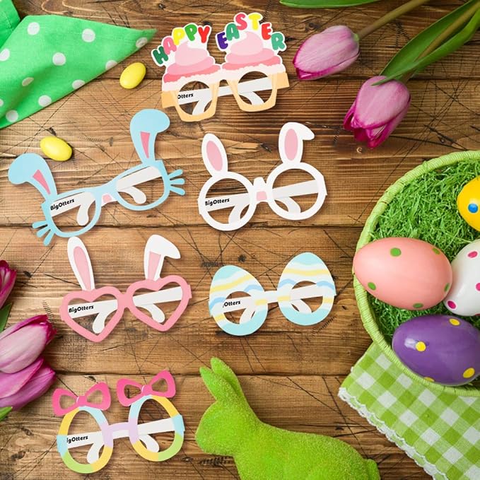 BigOtters 12PCS Easter Party Glasses, Funny Bunny Ears Paper Glasses for Kids Easter Party Favors Basket Stuffers Decorations Supplies