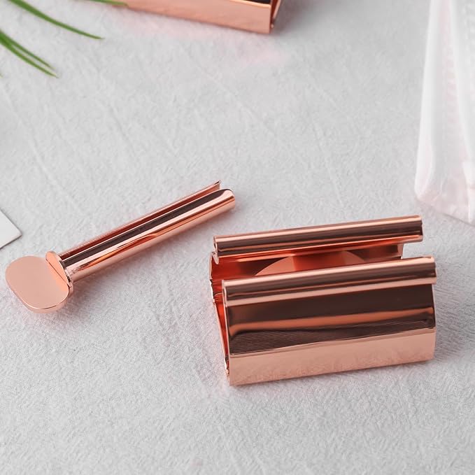 LOVEINUSA Toothpaste Tube Squeezer Dispenser, 2PCS Toothpaste Roller Squeezer Tool Metal Stainless Steel Tooth Paste Holder for Bathroom, Rose Gold