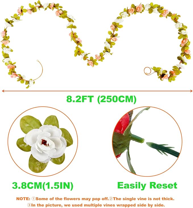 6 Pcs x 8.2 ft Flower Garland Artificial Rose Vine Flowers with Green Leaves Hanging Fake Roses Vine for Room Party Home Wedding Birthday Christmas Wall Arch Decor, Champagne Flower