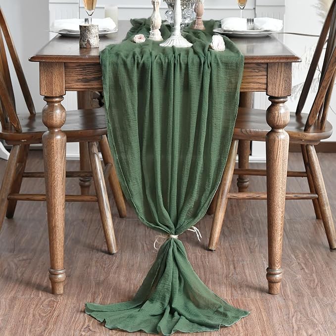 Artoid Mode Boho Forest Green Gauze 3 Pieces Wedding Table Runner, 120 Inch Birthday Fabric Kitchen Dining Holiday Table Decor for Home Party Indoor