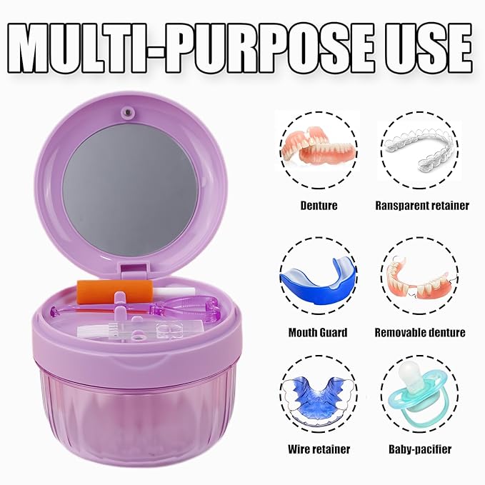 Denture Case, Leak Proof Denture Bath Cup for Travel, Large-Capacity Denture Storage Cup, Comprehensive Cleaning Kit for Dentures, Retainers and Night Guards