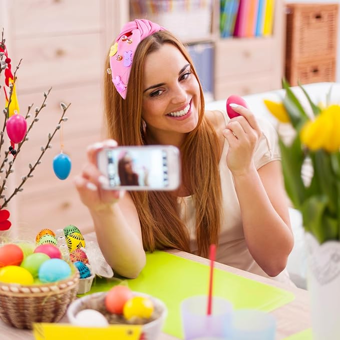Easter Bunny Headbands for Women, Easters Outfits for Girls Rhinestone Jeweled Rabbit Ears Knotted Headband, Easter Basket Stuffers, Spring Party Favor Gift Peeps Hair Accessories (Pink)