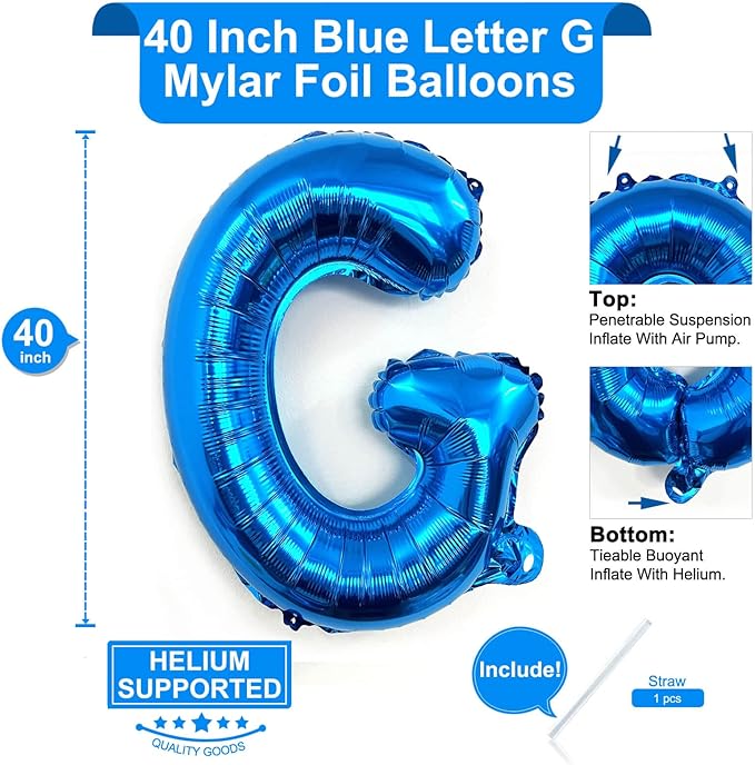 Lovoir 40 Inch Large Blue Letter G Balloons Big Size Jumbo Mylar Foil Helium Balloon for Birthday Party Celebration Decorations Alphabet Blue G