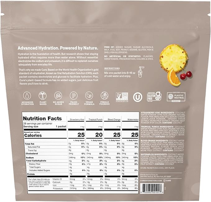 Cure Hydration | Plant-Based Electrolyte Drink Mix | No Added Sugar | FSA-HSA | Dehydration Relief Powder Made with Coconut Water | Non-GMO | Vegan | 28 Packets - Tropical Variety Pack