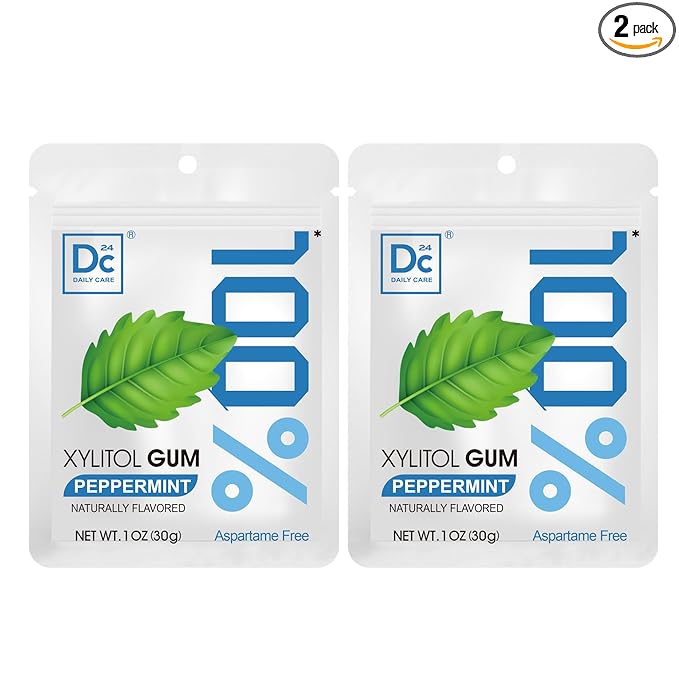 DC24 DAILY CARE 100% Xylitol Gum, Aspartame Free, Sugar Free Peppermint Chewing Gum, Natural Flavors, Gluten Free, Vegan, 20 Pieces, Pack of 2