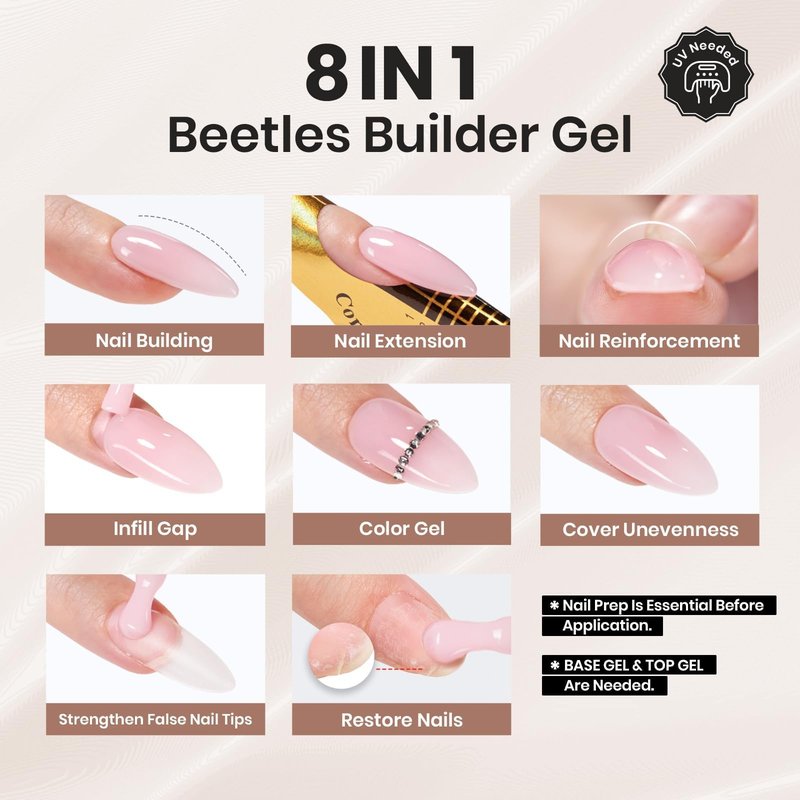 Beetles Builder Gel for Nails,8 in 1 Jelly Nude Color for Building Instant Apex Extension & Strengthener, Friendly for Beginner Women DIY Nail at Home, UV & LED Lamp Needed