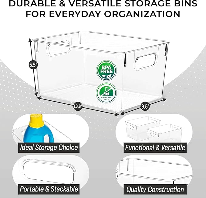 Amyup Set Of 2 Plastic Storage bins,  13.6x9.5x5.7''Versatile Kitchen Pantry Organization and Storage,for Plastic Storage Container Under Bed,Under Sink Bathroom Organizer (Clear, 2 Pack Large