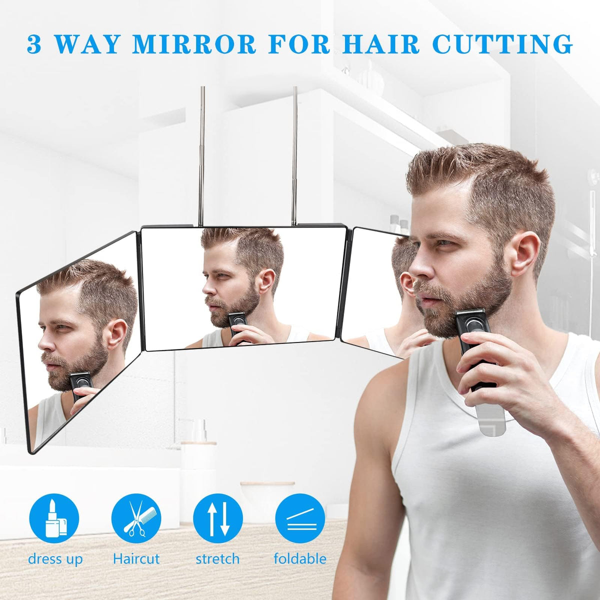JANMPASK 3 Way Mirror for Self Hair Cutting Tools with Height Adjustable Mirror 360 Trifold for Makeup to See Back of Head (Black)