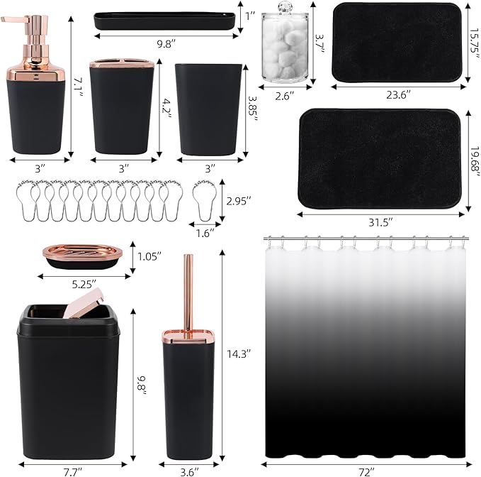 Bathroom Accessory Set–Bathroom Set with Shower Curtain and Rugs, No Slip Bathroom Rugs Super Absorbent, Black Ombre Water-Proof Shower Curtain with Hooks,Black Bathroom Sets Complete for Home