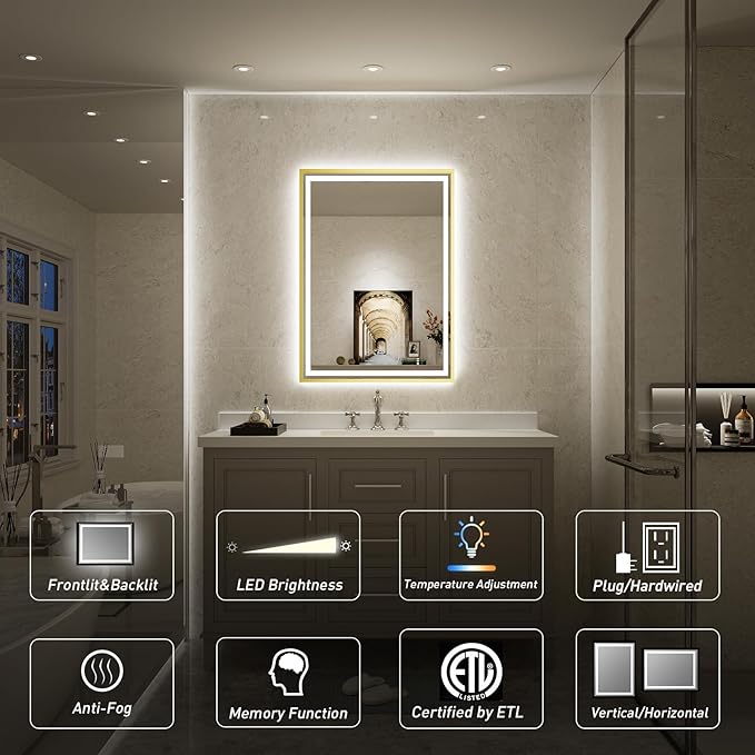 24X36 Inch Led Bathroom Mirror,Frontlit & Backlit Lighted Mirror,Gold Metal Frame Vanity Mirror for Wall,Double Lights Strips,Anti Fog Stepless 3 Colors Temperature & Dimmable
