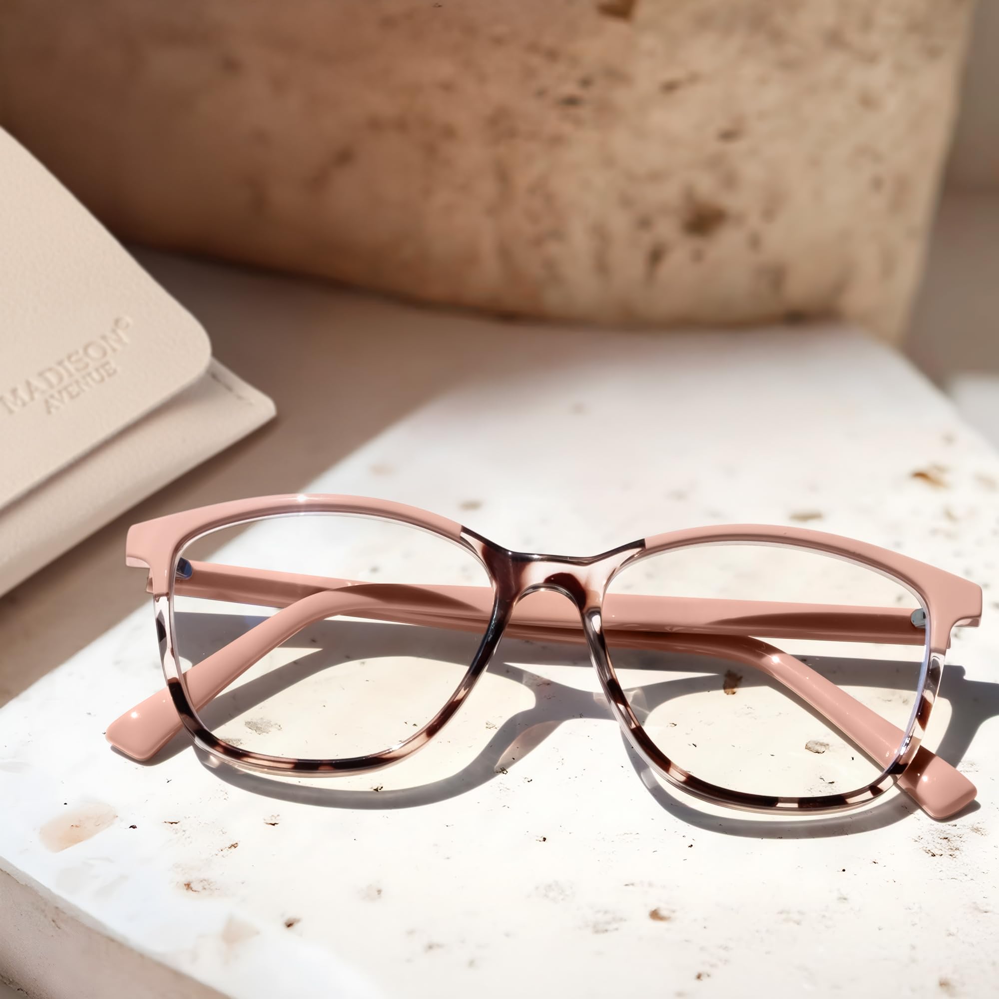 Madison Avenue Square Vintage TR90 Blue Light Blocking Reading Glasses for Women, Computer Readers Eyeglasses Pink Demi 2.25 Magnification