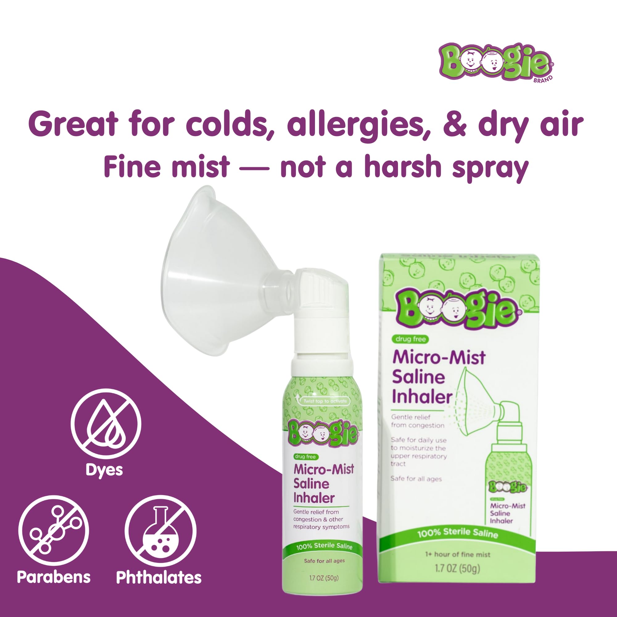 Boogie Micro-Mist Saline Inhaler, Baby Nose Congestion Relief, Nasal Spray for Kids, Pediatrician Recommended, 1.7oz Unscented - Pack of 1